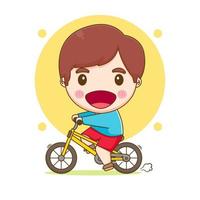 garoto bonitinho feliz andando de bicicleta chibi personagem de desenho animado desenhado à mão vetor