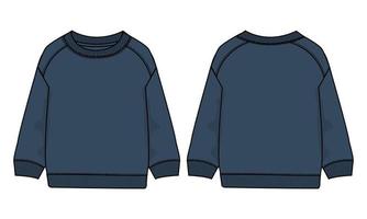 camisola de manga comprida técnica de moda plana esboço ilustração vetorial azul marinho modelo de cor vista frontal e traseira isolado no fundo branco. vetor