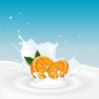 ilustração vetorial de respingos de leite com frutas laranja vetor