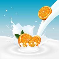 frutas laranja e respingo de leite vetor