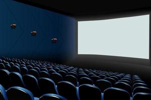 auditório de cinema com assentos azuis e tela branca em branco vetor