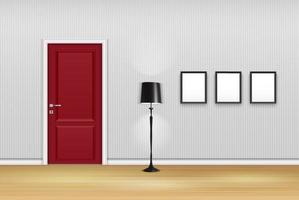 ilustração vetorial do interior da sala de estar com porta fechada, lâmpada e molduras vazias na parede vetor