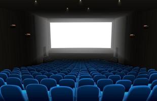 ilustração de auditório de cinema com assentos azuis e tela em branco