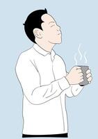 um homem que está satisfeito com o cheiro de café de uma xícara. ilustrações de design de vetor de estilo desenhado à mão.