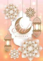 bandeira de feriado islâmico rosa 3D. lua de metal, lanternas e decorações de estrelas penduradas na janela da mesquita com lindas flores. texto de caligrafia eid mubarak