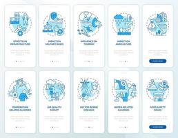 conjunto de tela de aplicativo móvel de integração azul de mudança climática