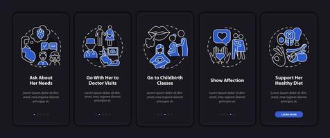 suporte à gravidez na tela da página do aplicativo móvel. se preocupam com a dieta saudável passo a passo 5 passos instruções gráficas com conceitos. modelo de vetor ui, ux, gui com ilustrações de modo noturno linear