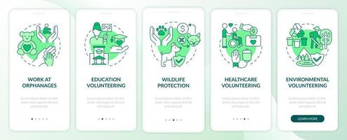 trabalho voluntário tela de página de aplicativo móvel de integração verde. passo a passo de ajuda social 4 etapas instruções gráficas com conceitos. modelo de vetor ui, ux, gui com ilustrações coloridas lineares
