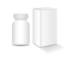 Garrafa de suplemento 3D com ilustração vetorial de maquete de caixa branca. Caixa de comprimidos de plástico 3D, recipiente médico branco. vetor