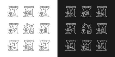 ícones lineares de fertilizantes granulares definidos para o modo escuro e claro. suplementos para o solo. crescimento das plantas aumentando. símbolos de linha fina personalizáveis. ilustrações de contorno de vetor isolado. traço editável