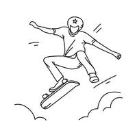 skatista salta. um adolescente mostra um truque em um skate. ilustração em vetor do contorno.