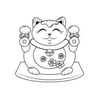 gordo sorridente gato japonês maneki neko com sinos está sentado em um travesseiro. um símbolo de boa sorte e riqueza. ilustração de contorno. livro de colorir. vetor. vetor