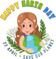 feliz dia da terra banner design com duas meninas abraçando o globo da terra vetor