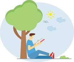 um menino sentado debaixo de uma árvore e lendo um livro. vetor
