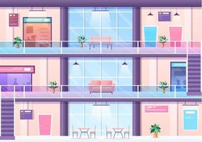 ilustração de fundo moderno de shopping com interior interior, escada rolante e várias lojas de varejo em design de estilo simples vetor