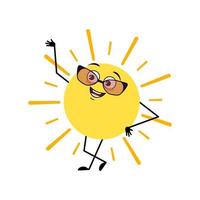 personagem de sol bonito com óculos e emoção feliz, rosto, olhos de sorriso, braços e pernas. pessoa com expressão engraçada e pose. ilustração vetorial plana vetor