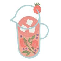 bebida de desintoxicação vermelha de verão, limonada orgânica em jarra de vidro com morangos e ervas. refrescante bebida caseira de verão. ilustração vetorial desenhada de mão plana colorida isolada no branco. vetor