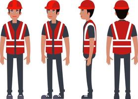 um personagem de conjunto completo de quatro lados como um trabalhador usando boné vermelho e jaqueta vermelha. vetor