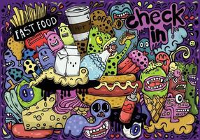 alimentos e bebidas grafite desenhado à mão estilo hip-hop sem costura doodle arte cores vivas para têxteis, roupas infantis, plano de fundo, papel de parede, publicações, skate
