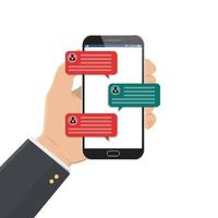 ilustração vetorial de notificações de mensagens de bate-papo por telefone celular isolada na cor de fundo, mão com smartphone e falas de bolha de bate-papo, conceito de conversa online, fala, conversa, diálogo vetor