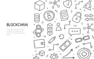 doodle conjunto de itens do tema blockchain. modelo de banner horizontal. conceito de criptomoeda no estilo de desenho. ilustração em vetor comércio eletrônico.