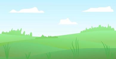 ilustração em vetor de paisagem de campos de verão lindo. colinas verdes bonitas, céu azul de cor brilhante, nuvens. fundo da natureza em estilo cartoon plana.