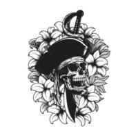 crânio pirata natureza flores ilustração vetorial