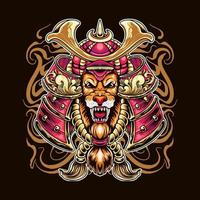 design de camiseta de ilustração vetorial de samurai de cabeça de leão japonês vetor