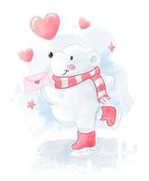 urso polar de patinação bonito com carta de amor vetor