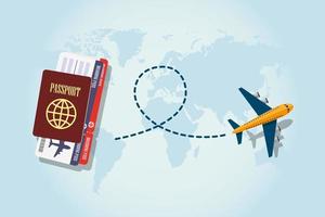 passaporte, cartão de embarque e avião voando