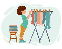 ilustração da lição de casa, uma mulher bonita pendura roupas para secar em uma secadora. Cores pastel. conceito de limpeza. vetor