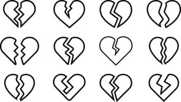 conjunto de coração partido de linha preta. símbolos em forma de coração partido. vetor