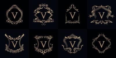 coleção de logotipo inicial v com ornamento de luxo ou moldura de flores vetor