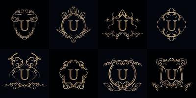 conjunto de logotipo inicial u com ornamento de luxo ou moldura de flores vetor