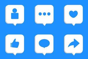 conjunto de bolhas realistas 3d com mídia social e ícones de notificação de marketing digital. siga, comente, curta, compartilhe, polegares, ícone de amor no diálogo, bate-papo, coleção de bolhas de fala para rede social. vetor