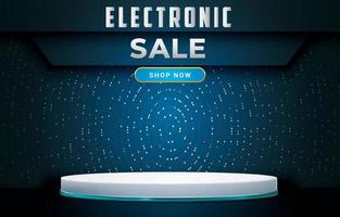 pódio de venda eletrônica com espaço em branco para venda de produtos e fundo azul escuro