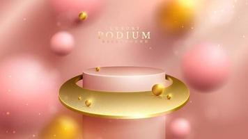 pódio rosa em elemento de bola 3d dourada e decoração de efeito de desfoque e luz de brilho e bokeh. vetor