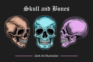 definir a coleção vintage de horror de cabeça e ossos de caveira de arte escura para tatuagem e camiseta desenhada à mão vetor