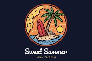 emblemas de horário de verão com pôr do sol e coqueiro onda e surf beach paraíso ilha paraíso vetor
