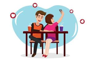 jovem casal em uma cafeteria tirando uma selfie em um smartphone vetor