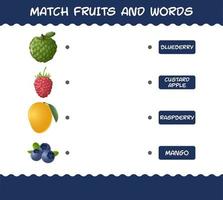 combinar frutas e palavras dos desenhos animados. jogo de correspondência. jogo educativo para crianças e bebês da pré-escola vetor