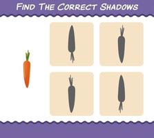 encontre as sombras corretas da cenoura dos desenhos animados. jogo de busca e correspondência. jogo educativo para crianças e bebês da pré-escola vetor