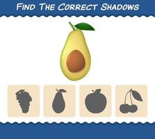 encontre as sombras corretas do abacate dos desenhos animados. jogo de busca e correspondência. jogo educativo para crianças e bebês da pré-escola vetor