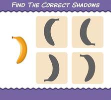 encontre as sombras corretas da banana dos desenhos animados. jogo de busca e correspondência. jogo educativo para crianças e bebês da pré-escola vetor