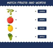 combinar frutas e palavras dos desenhos animados. jogo de correspondência. jogo educativo para crianças e bebês da pré-escola vetor