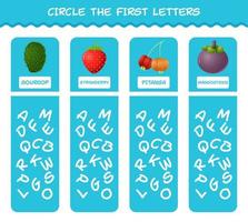 circule as primeiras letras das frutas dos desenhos animados. jogo de correspondência. jogo educativo para crianças e bebês da pré-escola vetor