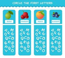 circule as primeiras letras das frutas dos desenhos animados. jogo de correspondência. jogo educativo para crianças e bebês da pré-escola vetor