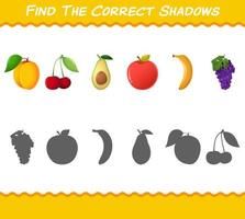 encontre as sombras corretas das frutas dos desenhos animados. jogo de busca e correspondência. jogo educativo para crianças e bebês da pré-escola vetor
