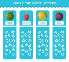 circule as primeiras letras das frutas dos desenhos animados. jogo de correspondência. jogo educativo para crianças e bebês da pré-escola vetor