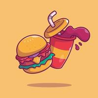 ilustração de ícone de vetor de hambúrguer e refrigerante dos desenhos animados. comida e bebida ícone conceito isolado vetor premium. estilo de desenho animado plano